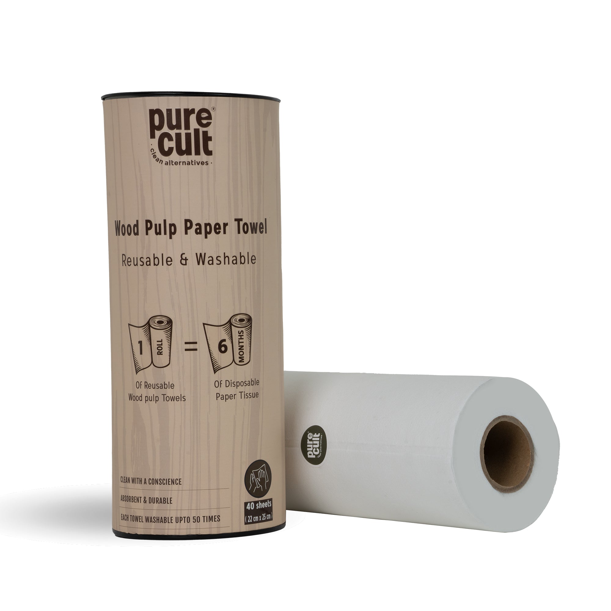 PureCult Wood Pulp Reusable All-Purpose Towels | Reusable and Washable | 40 sheets | Equal to 6 months of Paper Napkins (Can Packing)